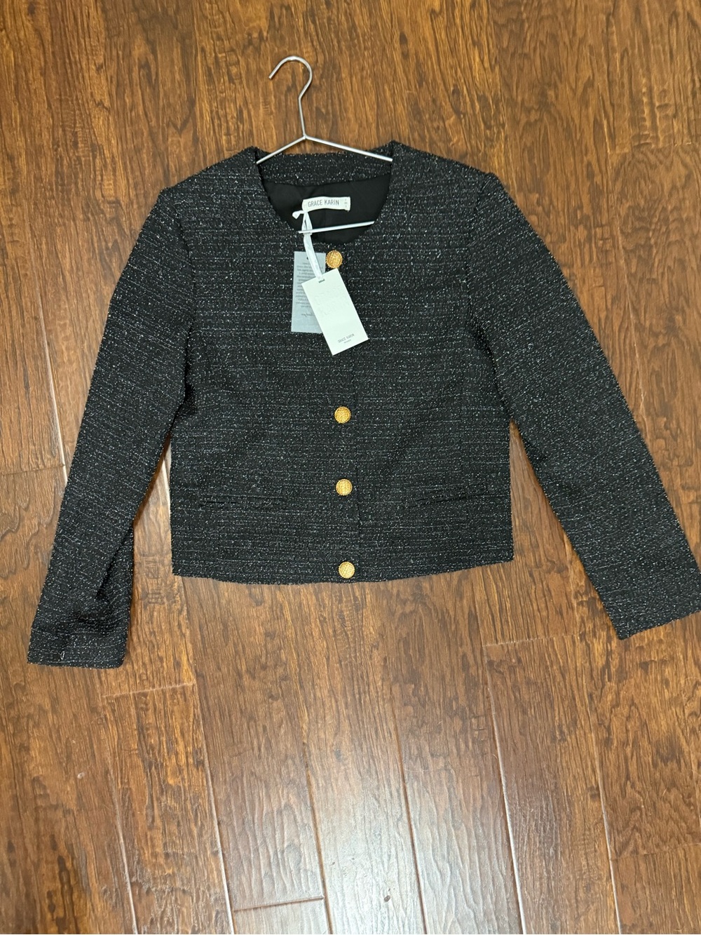 Grace Karin Black Tweed Jacket with Gold Buttons